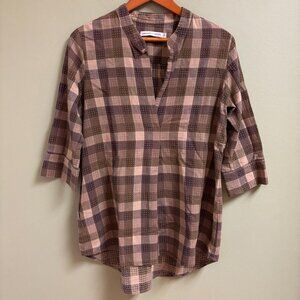 Language of the Birds Women Linen Top Size S Brown Plaid Stitched Lagenlook Boho